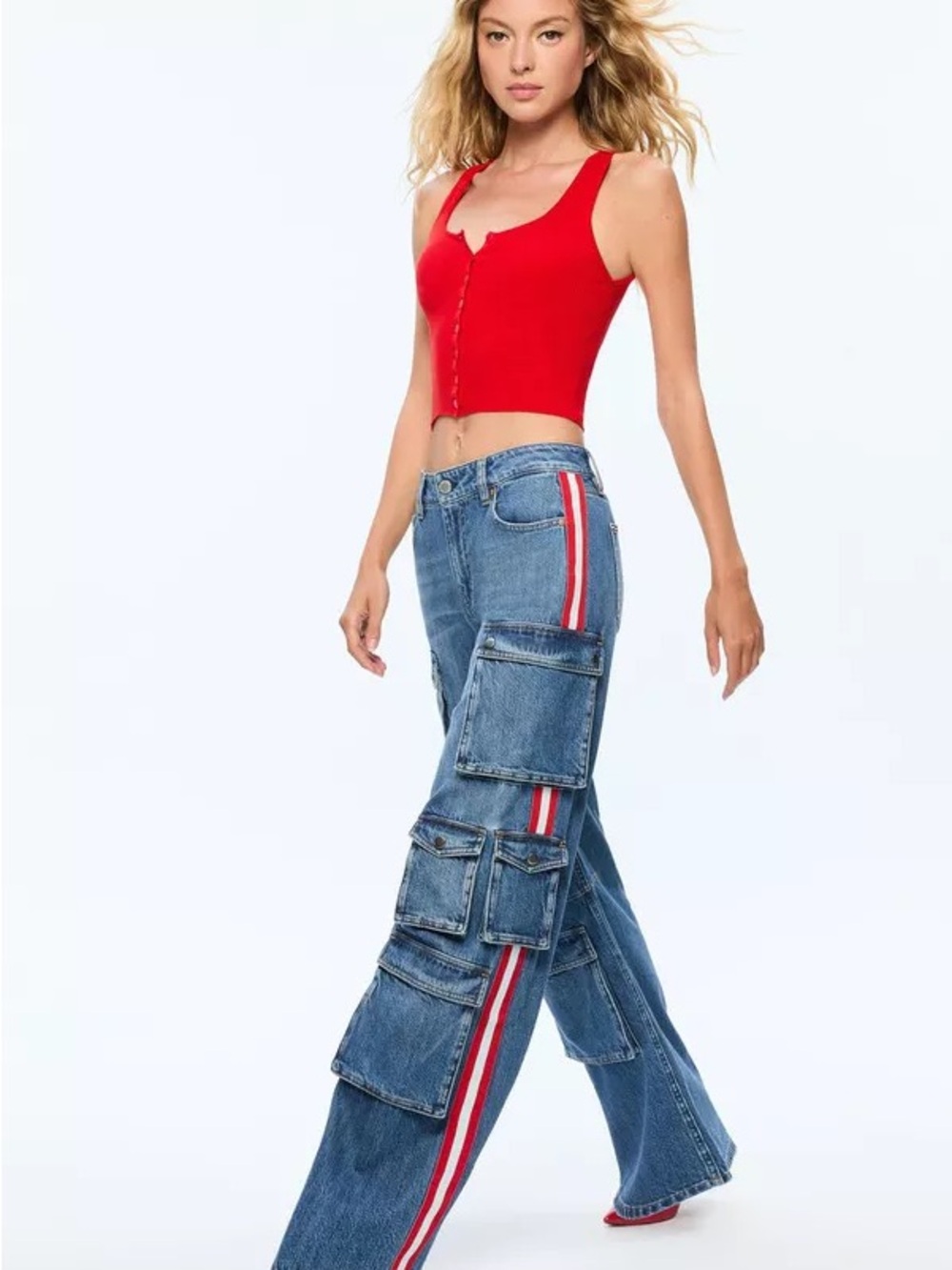 Alice + Olivia Blue Wide-Leg Cargo Jeans with Red & White Stripes 26R